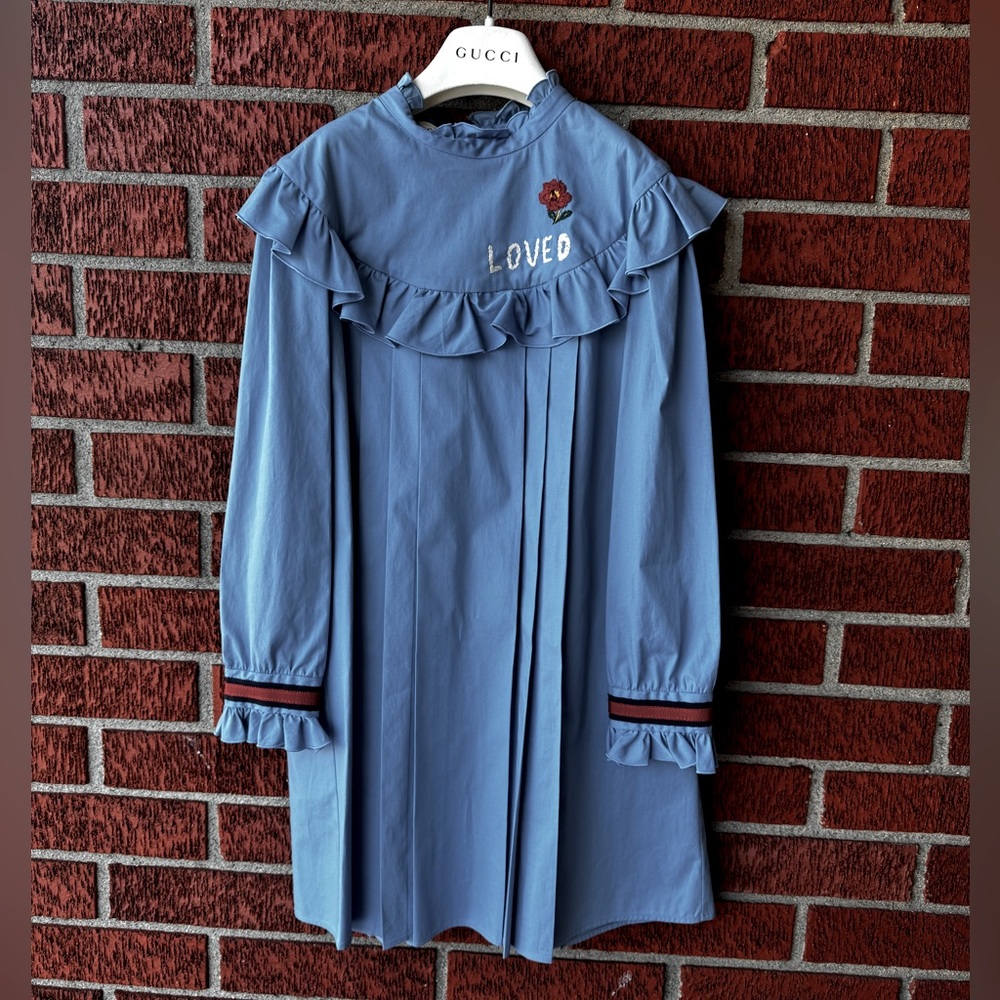 Gucci dress loved poplin light blue logo/web Girls SZ 8 NWT